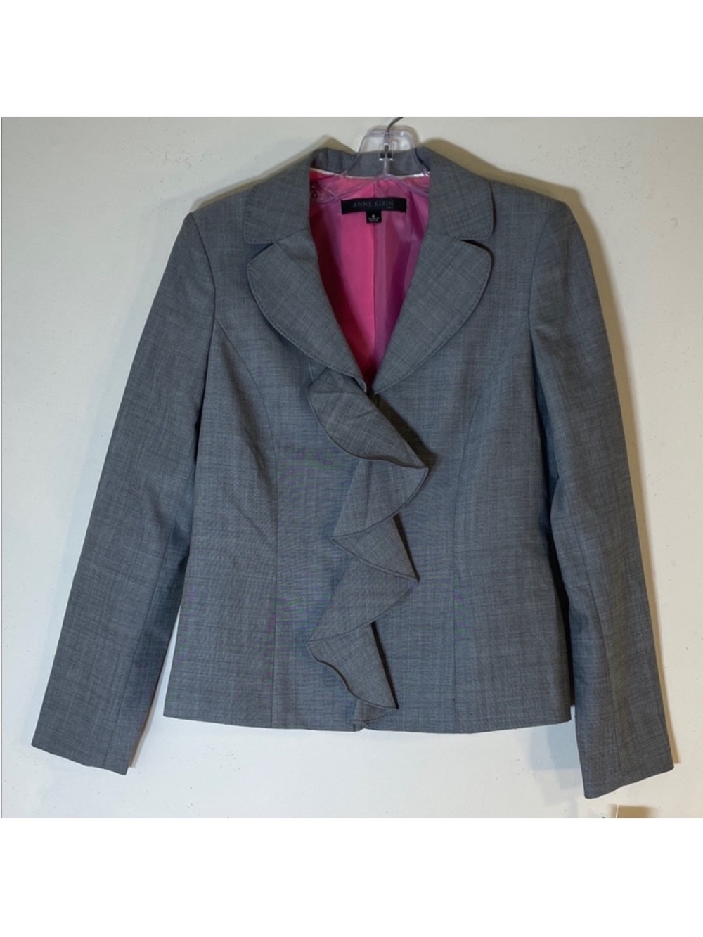 Anne Klein Gray Blazer with Pink Lining and Ruffle Front